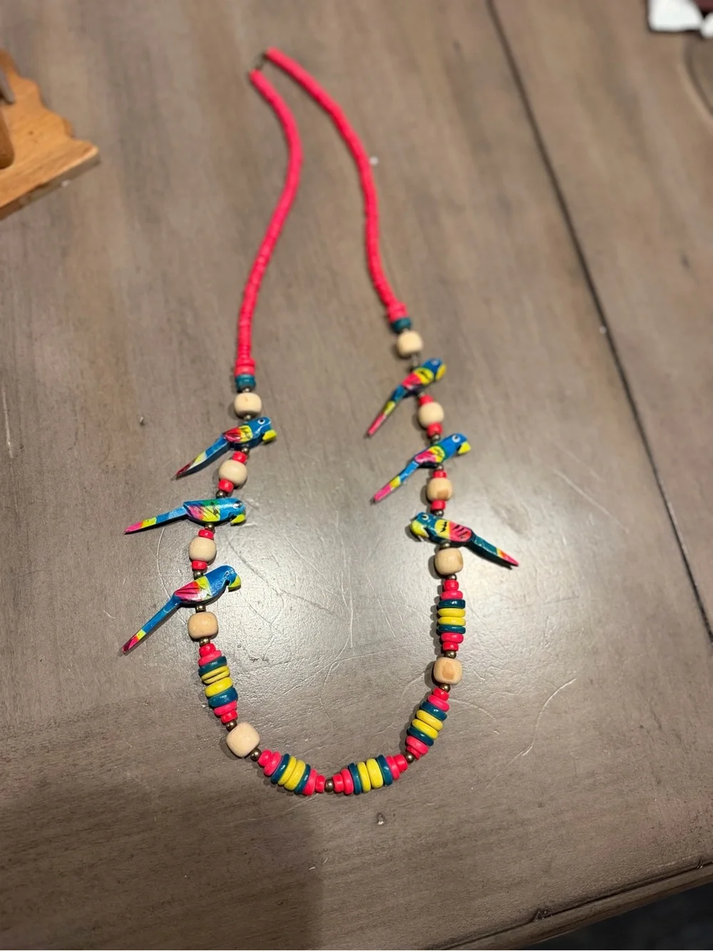 Vintage Style Hand Painted Parrot Necklace Colorful Wood Beads Boho Tropical 29”